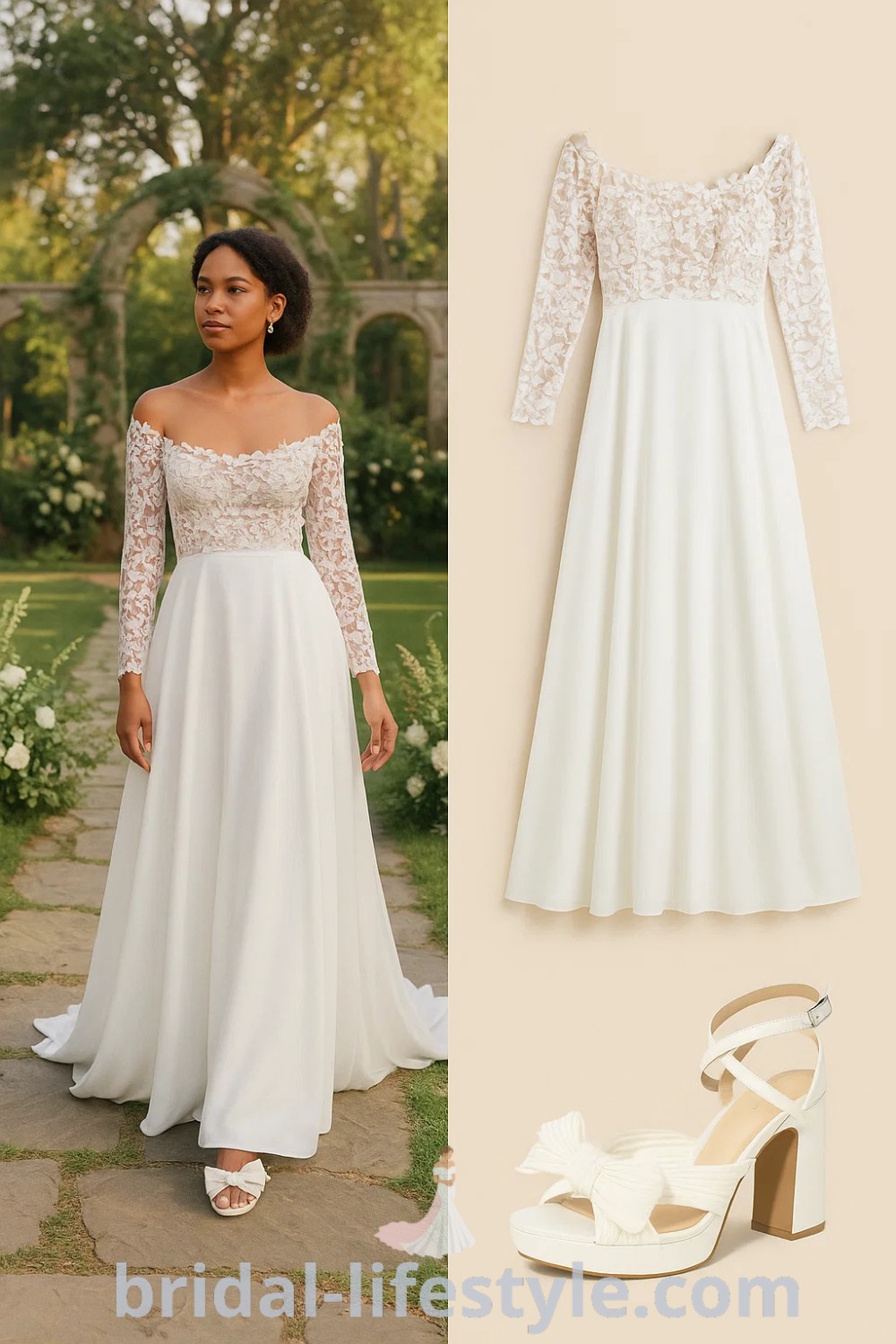 A-Line Lace wedding dress with off-the-shoulder long sleeves, fitted bodice, flowing skirt, and floral lace details, complemented by chunky heel sandals and gold stud earrings. Perfect for weddings, formal events, and brunch. Available at pinshoesoutfits.com.