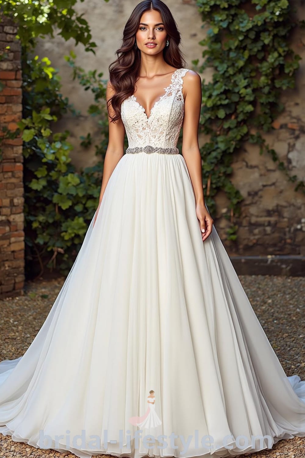 A-line wedding dress with sweetheart neckline, floral lace overlay, and shimmering beadwork at the waist, made of soft satin fabric. bridal-lifestyle.com