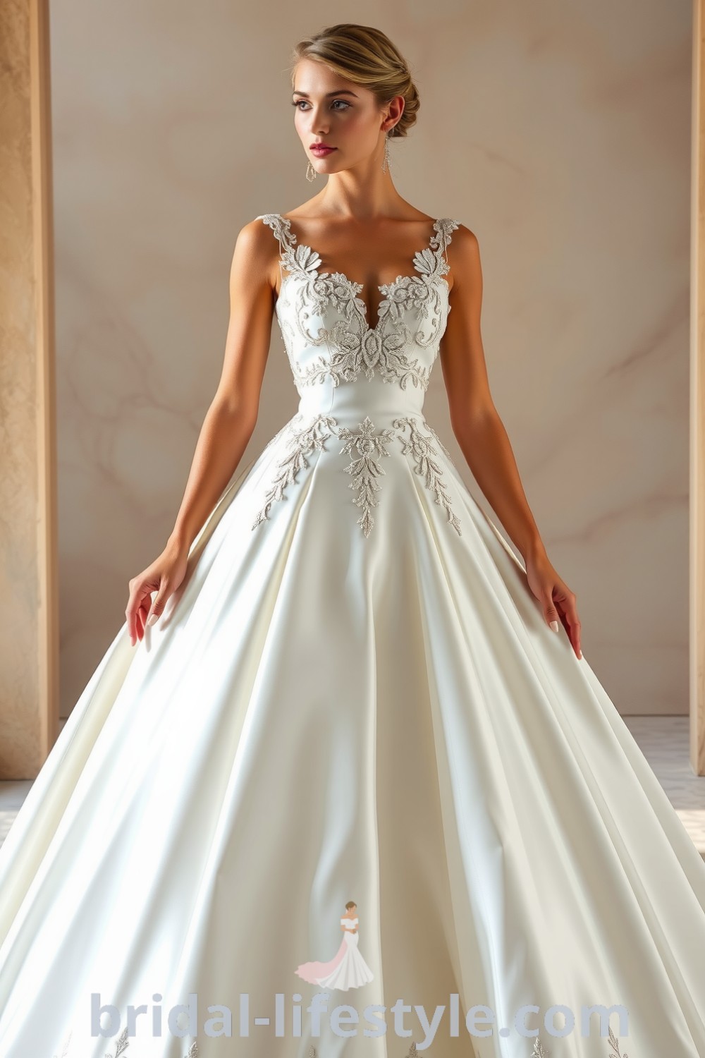 Luxurious satin wedding dress with a fitted bodice adorned with lace appliqués and a voluminous skirt, perfect for dreamy brides seeking elegant inspiration for the special day. bridal-lifestyle.com