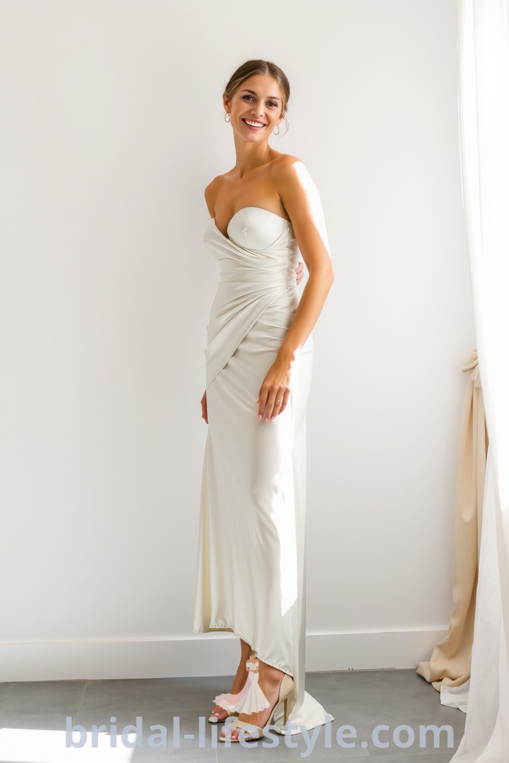 A minimalist satin short wedding dress with a structured bodice and elegant silhouette, falling just above the knee. bridal-lifestyle.com