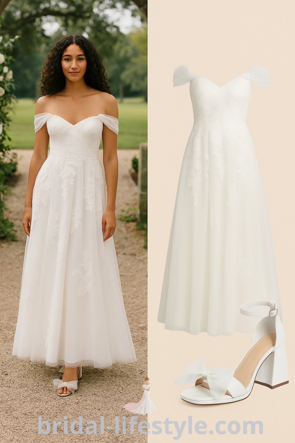 A stunning off-the-shoulder A-Line Lace wedding dress in white with lace details, complemented by white chunky heel shoes, perfect for wedding receptions and formal events, featuring a romantic and elegant style at pinshoesoutfits.com.